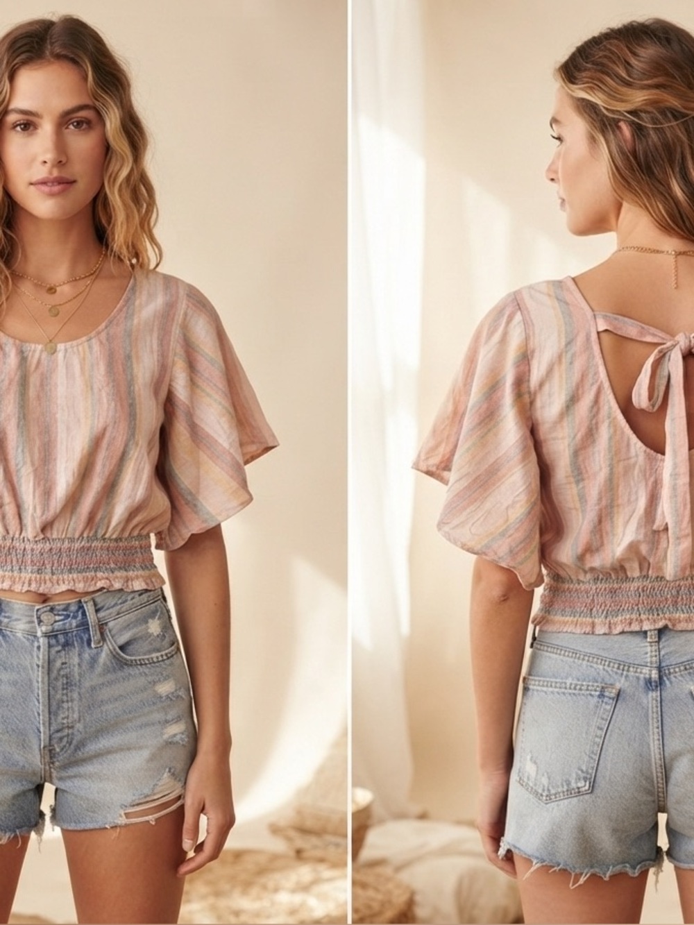 : Striped Smocked-Waist Boho Blouse - Flutter Sleeve Cottagecore Top Medium crop